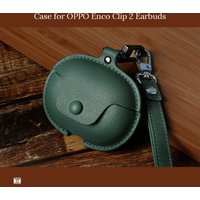 Leather Protective Case for OPPO Enco Clip 2 Earbuds, Premium PU Leather Cover with Anti-Lost Lanyard Shockproof Full Protection