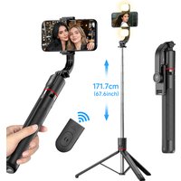 F15 Selfie Stick Tripod with Bluetooth Remote, 6-Section Extendable Pole, 360° Rotation, Fill Light Option, for Phone Vlog