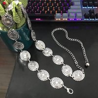 Retro Ethnic Style Silver Metal Waist Chain Belt For Women Hollow Out Round Disc Carved Adjustable Chain Belt For Dress Jeans