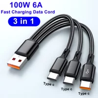 100W 6A 3 in 1 USB-A to 3 Type-C Multi-port Fast Charging Cable For Samsung Galacy S24 Xiaomi Redmi Huawei USB C Charge Cable