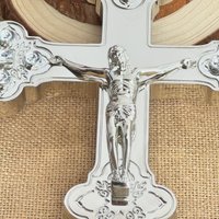 Ornate Orthodox Metal Cross with Blue Green Crystals Jesus Christ Crucifix Catholic Christian Decoration Religious Prayer Gift