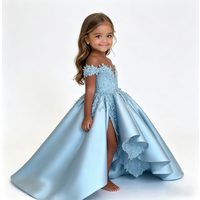 Custom Flower Girl Dress Wedding Gown Birthday Party Pageant Dress Off Shoulder Beaded High Low Satin Gown For Girls فساتين بنا