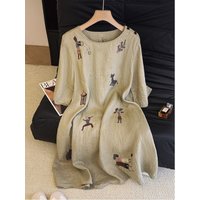 2026 Summer Simple round Neck A-Line Dress Embroidered Linen Loose Waist Slimming Mid-Length Women's Fashion Casual Dress