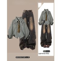 Autumnal Casual Striped Women's Shirt Vintage Denim Two-Piece Set Versatile Design Comfortable Long Sleeve Collar Button-Up