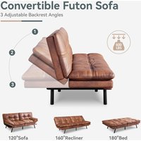 Brown Faux Leather Sofa Bed ,Futon Sofa Bed Convertible Couch with Memory Foam, Adjustable Backrest & Armrests, Multifunctional