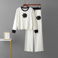Casual White Knitted Two Piece Sets Women Floral Sweater Top+Pant Sets Knit Tracksuit Women Spring Autumn Set For Women Black