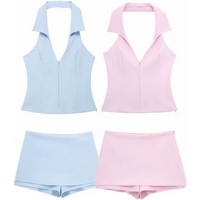 Women Summer 2 Piece Set High Waist Back Pocket Mini Skirts Shorts Sexy V-Neck Sleeveless Backless Suspender Zipper Top