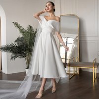 Short Wedding Dresses for Women 2023 Bride Off the Shoulder Simple Gowns Midi A Line Tea Length Satin Bridal Dress White