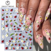 1/2pcs Embossed Nail Art Stickers Spring Summer Floral Bee Ladybug Insect Tulip Pattern Self Adhesive Nail Decals Manicure Decor