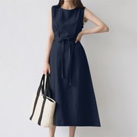 2023 Sommer Frauen Mode lose ärmellose Rundhals ausschnitt einfarbige Baumwolle und Leinen Gürtel lange große Kleid Vintage-Kleid