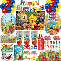 Cute Sesames Street Birthday Decoration Elmo Theme Tableware Plates Cups Tablecloth Balloons Banner Backdrop Kids Party Supplies