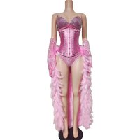 Sparkly Rhinestone Pink Feather Corset Outfit 3Piece Set With Gloves Bodysuit Trailing Feather Stage Performance Dance Costume