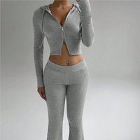 Spring Autumn Fashionable Knitted Two-piece Solid Color Sexy Short Navel-baring Cardigan Hooded Top Casual Slim Bell-bottom Suit