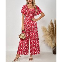 Women's Red Jumpsuit Floral Print Square Neck Flutter Sleeve Smocked Waist Wide Leg Spring Summer Party Casual Vacation Romper