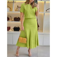 ZANZEA Fashion 2PCS Women Summer Dress Sets Summer Work OL Tracksuits Elegant Short Sleeve Blouse Sundress Casual Solid Outfits