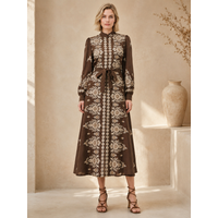 Brown Stand Collar Puff Sleeve Floral Embroidery Waist Tie Long Maxi Women Dress
