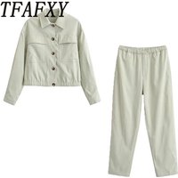 TFAFXY 2026 Spring Women Sets Single Breasted Thin Long Sleeve Loose Sweatshirt Crop Top Straight Pants Female Suits