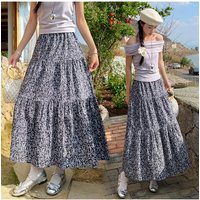 Korean Retro Elastic High Waist Blue Floral Vacation Skirt Women's 2026 Summer New Elegant Versatile A Word Bohemian Long Skirt