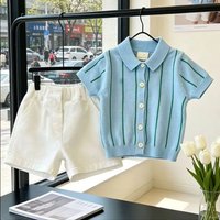 Boys' set summer new item children's blue striped Polo collar thin short sleeved knitted shirt casual shorts 2-piece set