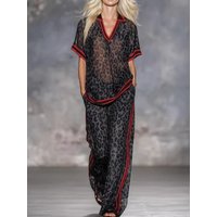 Summer Women's Casual Trousers Set Leopard Print Stripe Contrast Color V-Neck Short-sleeved Top Wide-leg Pants Two-piece Sets