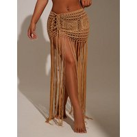 Crochet Long Tassel Bikini Cover Up Dress Beach Cover Up Knitted High Waist Tassel Long Skirt Swimsuit Cover Up Beach Dress