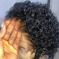 Short curly lace front wig with wave-like realistic hair blend of human hair and synthetic hair, black, for women only
