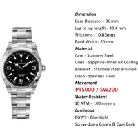 Cronos L6032 36mm Männer Mechanische Uhr PT5000 Automatische Sapphire Kristall BGW9 Leuchtende 100M Wasserdicht Mode Business Uhr