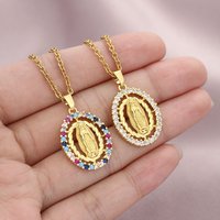 Virgin Mary Necklace For Women Colorful Zircon Elliptical Pendant Gold Color Chain Female Fashion Belief Prayer Party Jewelry