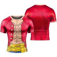 2026 New Bandai Japanese Anime One Piece Luffy Battle Suit Compression T-shirt 2025 Red Yellow Anime Sportswear