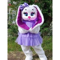 Cute White Hare Rabbit Mascot Costume with Purple Dress Halloween Party Fancy Dress Cosplay Outfits For Adult