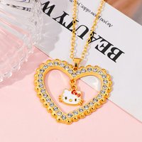 Cute Sweet Hello Kitty Necklace Heart-Shaped Diamond Inlaid Hollow Pendant Jewelry Accessory for Students Small Gift