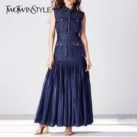 TWOTWINSTYLE Patchwork Pockets Denim Dresses Lapel Sleeveless High Waist Loose Pleated A Line Dress Female Fashion Clothing 2026