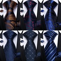 Classic Navy Blue Men's Tie Striped Paisley Floral Necktie Pocket Square Cufflinks Business Tie Set Cravat Gift For Men DiBanGu