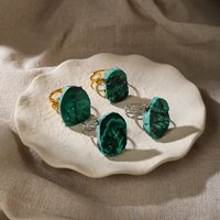 Malachite Raw Stone Finger Ring Natural Stone Rings 18K Gold Plated Size Adjustable Ring For Women Man Boho Spiritual Jewelry