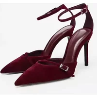 Sexy Faux Suede Pointed Toe High-heeled Sandals Women Elegant Burgundy Ankle Strap High Heels Luxury Party Dress Designer Sandal