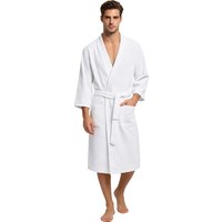 Mens Terry Cloth Bathrobe Kimono Collar 3/4 Sleeve Absorbent with Belt Pockets Soft Lightweight for Spa Hotel Home Loungewear