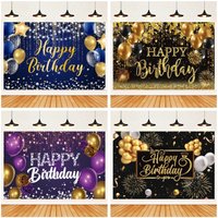 Happy Birthday Party Backdrops Black Gold Balloons Champagne Birthday Party Decor Banner Photography Background for Men Women