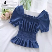 Short Chiffon Shirt Square Neck Top Puff Sleeve Design Women's Short Sleeve Thin Shirt Womens Blouses Wholesale