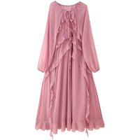 2026 Spring Summer Women's Elegant Maxi Long Pink Black Chiffon Ruffles Layered Dresses Lady Chic Vintage Loose Tierred Robes