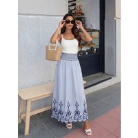 HH Women Summer Spring Vintage Wanderlust Blue Gingham Skirt Spring Smocked Waist Cutwork Embroidery Maxi Lightweight Skirt