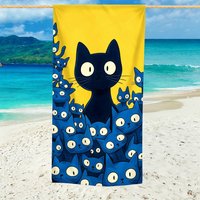 Cute Cartoon Black Blue Cats Beach Towel Patterned Sunscreen And Windproof Suitable For Swimming Pool Camping Travel Blanket