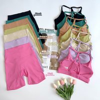 Solid Color Gym Bike Yoga Set Short Legging Cross Back Sport Bra 2pc Tracksuit Athletic Women Gym Suit Comprehensive Training👚