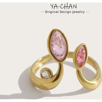 YACHAN New In Zircon Crystal Leaf Stainless Steel Rings for Women Chic Exquisite 18K Gold Plated Waterproof Jewelry
