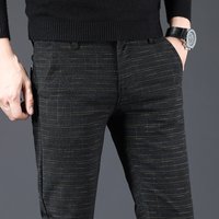 Herbst Winter Gebürstet männer Slim Hosen Nachahmung Baumwolle Leinen Elastische Kleine Gerade Plaid Business Casual Schwarze Hose