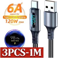 6A 120W 3PCS USBA to Type C Super Fast Charge Cable for Xiaomi Redmi Samsung With Led Digital Display USB C to Type-C Data Cable