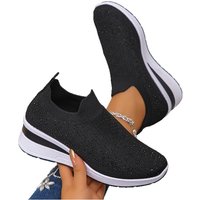 Rhinestone Decor Wedge Sneakers for Women Breathable Knitted Non Slip Running Shoes Woman Comfortable Slip on White Sports Shoes