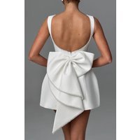 Elegant Pearl Bow Backless Short Dress Women's Sleeveless A-line Evening Party Sexy Pink Mini Dresses Black White Chic Birthday