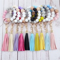 1pcs Silicone Wood Beads Keychain Keyring For Women Wristlet Bracelet Pendant Keychain With Jewelry Accessories
