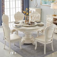 European style dining table and chair set, solid wood combination with marble round table, home use round dining table