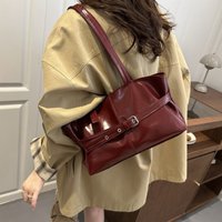 Retro Buckle Trimmed Tote Bag, Shiny Faux Leather Large Capacity Shoulder Purse with Adjustable Strap for Work Versatile Handbag